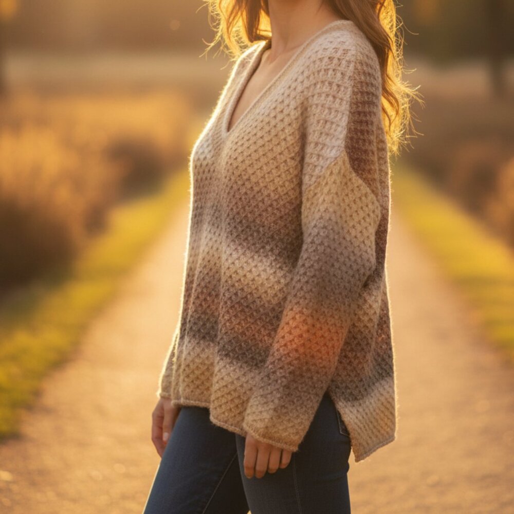 POL Oversized Waffle Knit V-Neck Sweater Small Neutral Stripe Cozy Pullover